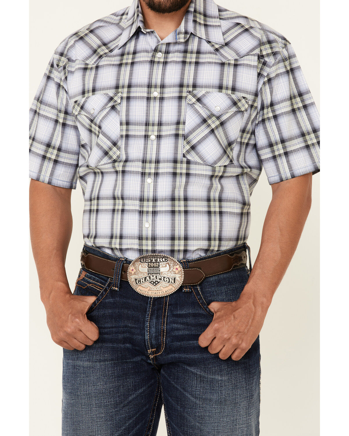 Image #3 - Rough Stock By Panhandle Men's Large Dobby Plaid Print Short Sleeve Pearl Snap Western Shirt, , hi-res