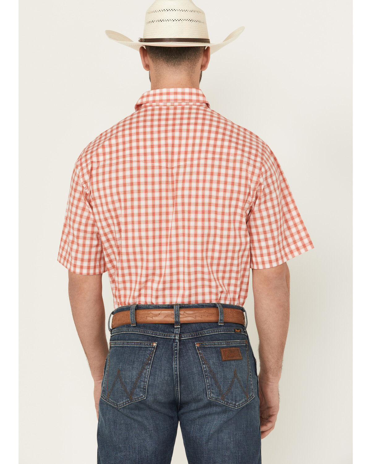 Image #4 - Wrangler Men's Plaid Print Short Sleeve Pearl Snap Western Shirt, Orange, hi-res
