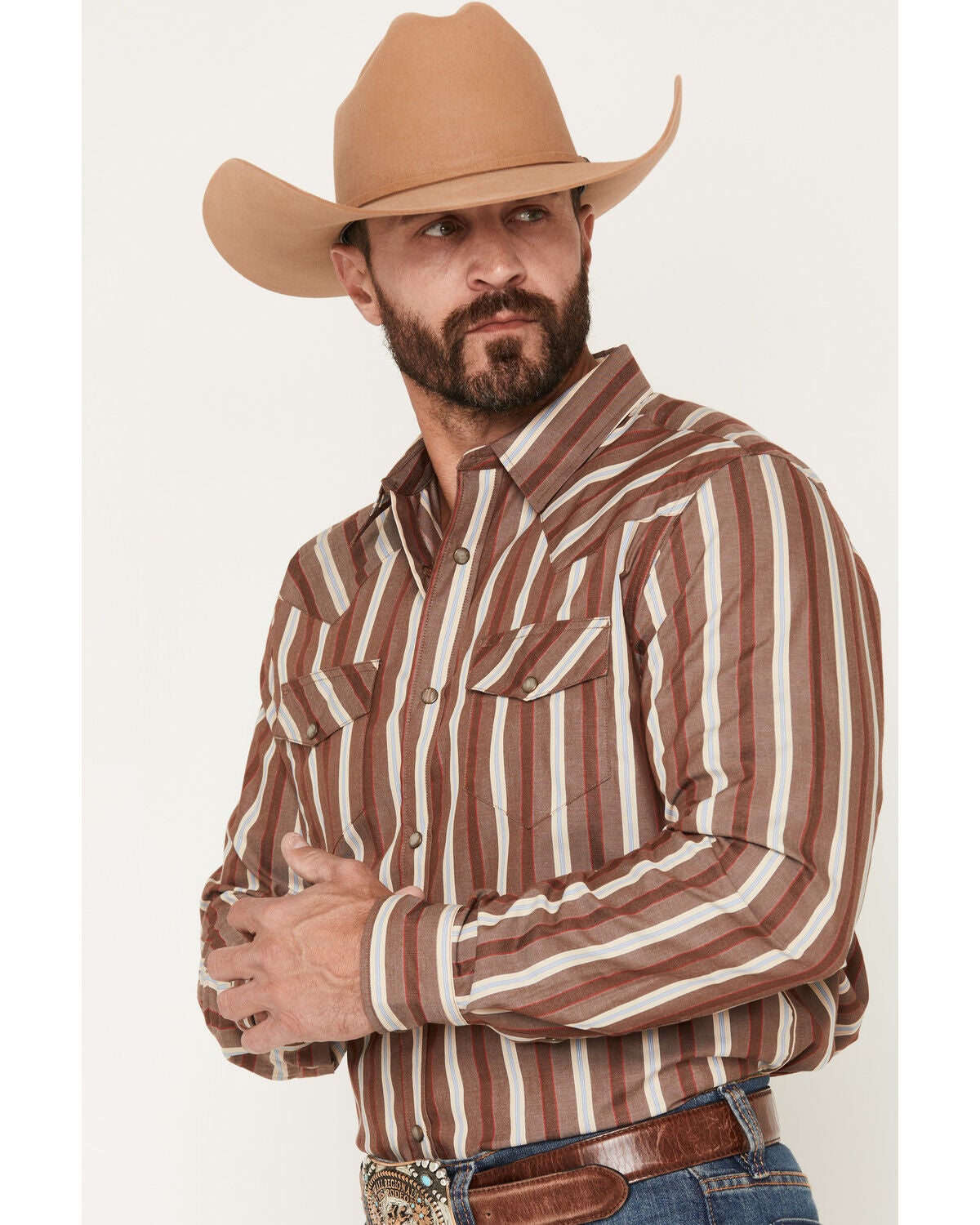 Image #2 - Gibson Trading Co Men's Cruise Control Stripe Print Long Sleeve Snap Western Shirt, Brown, hi-res
