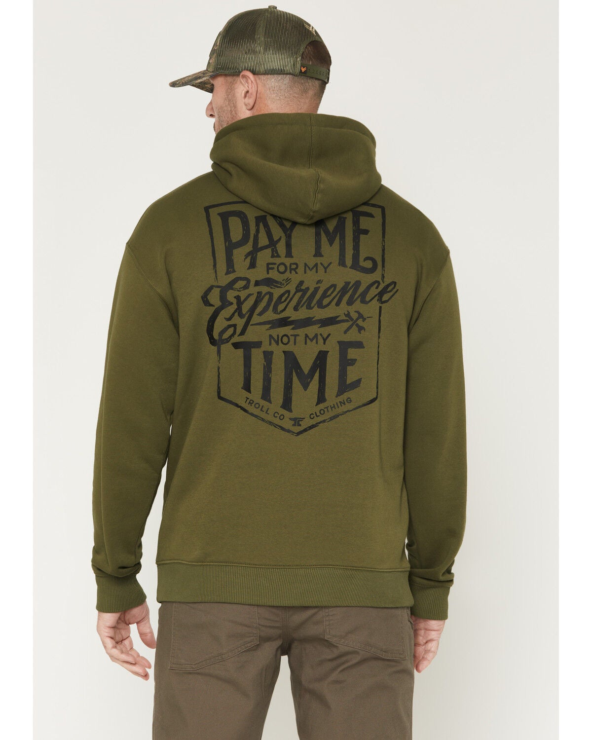 Image #1 - Troll Co Men's Pay Me Graphic Hooded Sweatshirt, Olive, hi-res