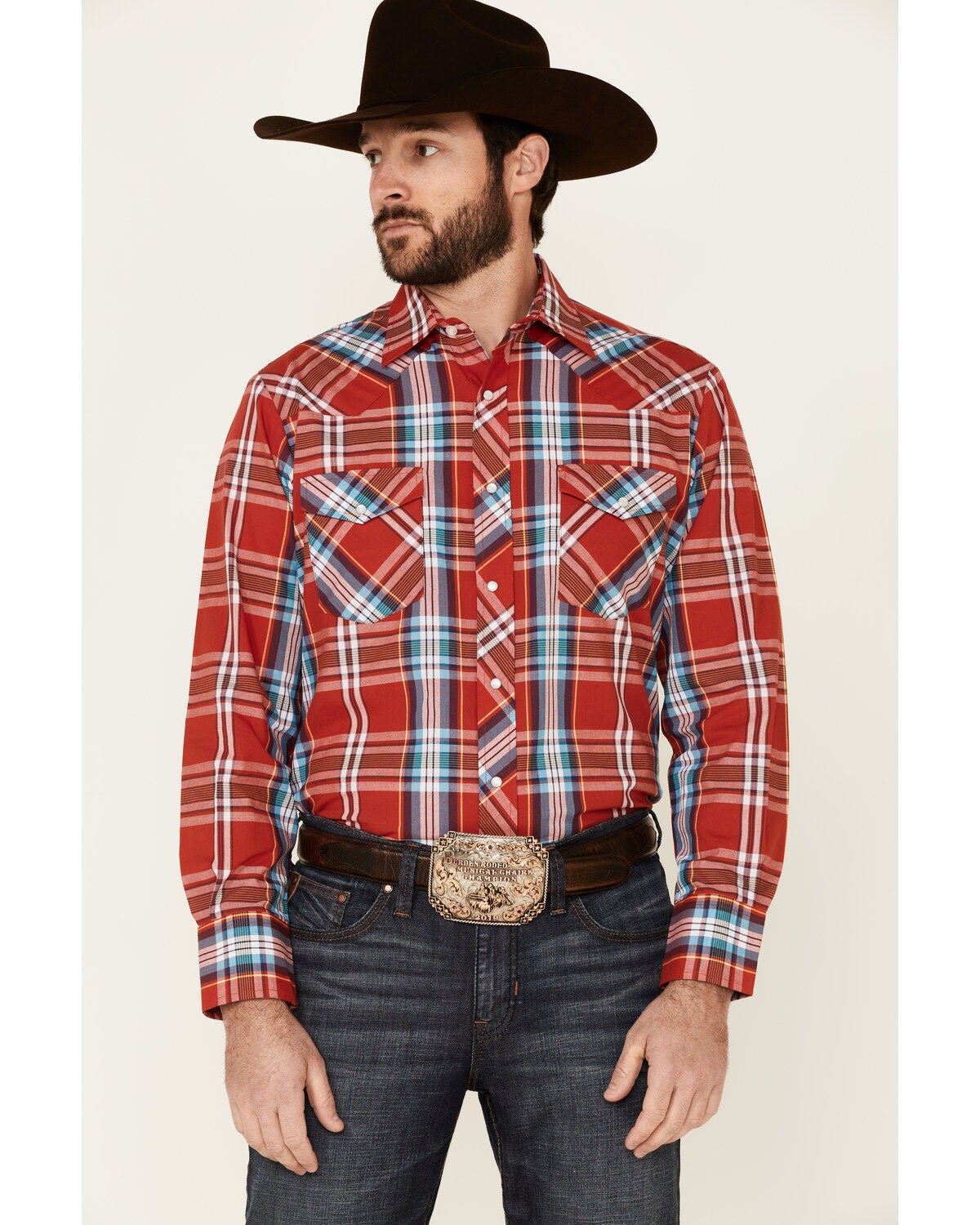 Roper Men's Warm Red Large Plaid Long Sleeve Pearl Snap Western Shirt, Red, hi-res