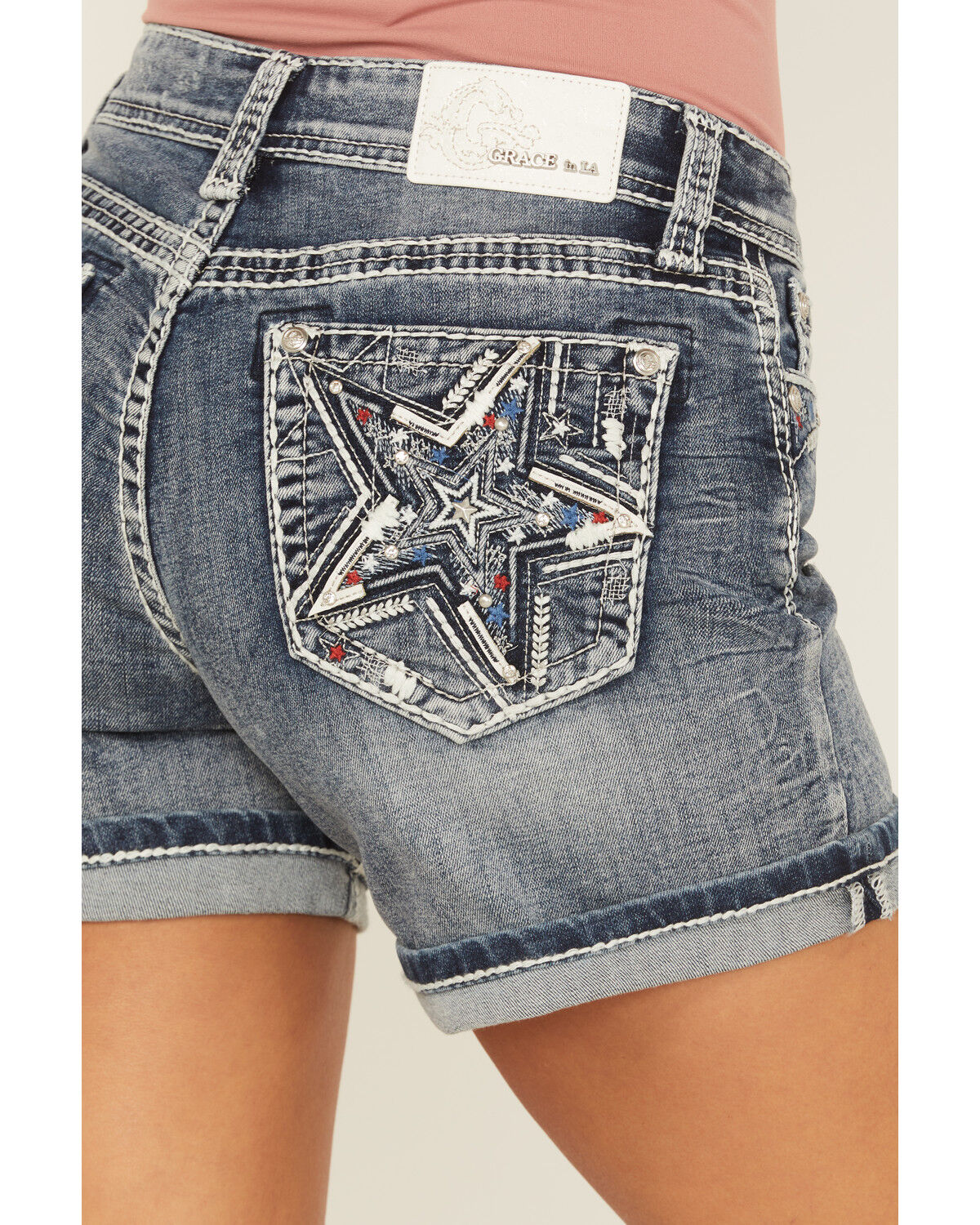 Product Name:  Grace In LA Women's Light Wash Mid Rise Americana Stretch Denim Jeans