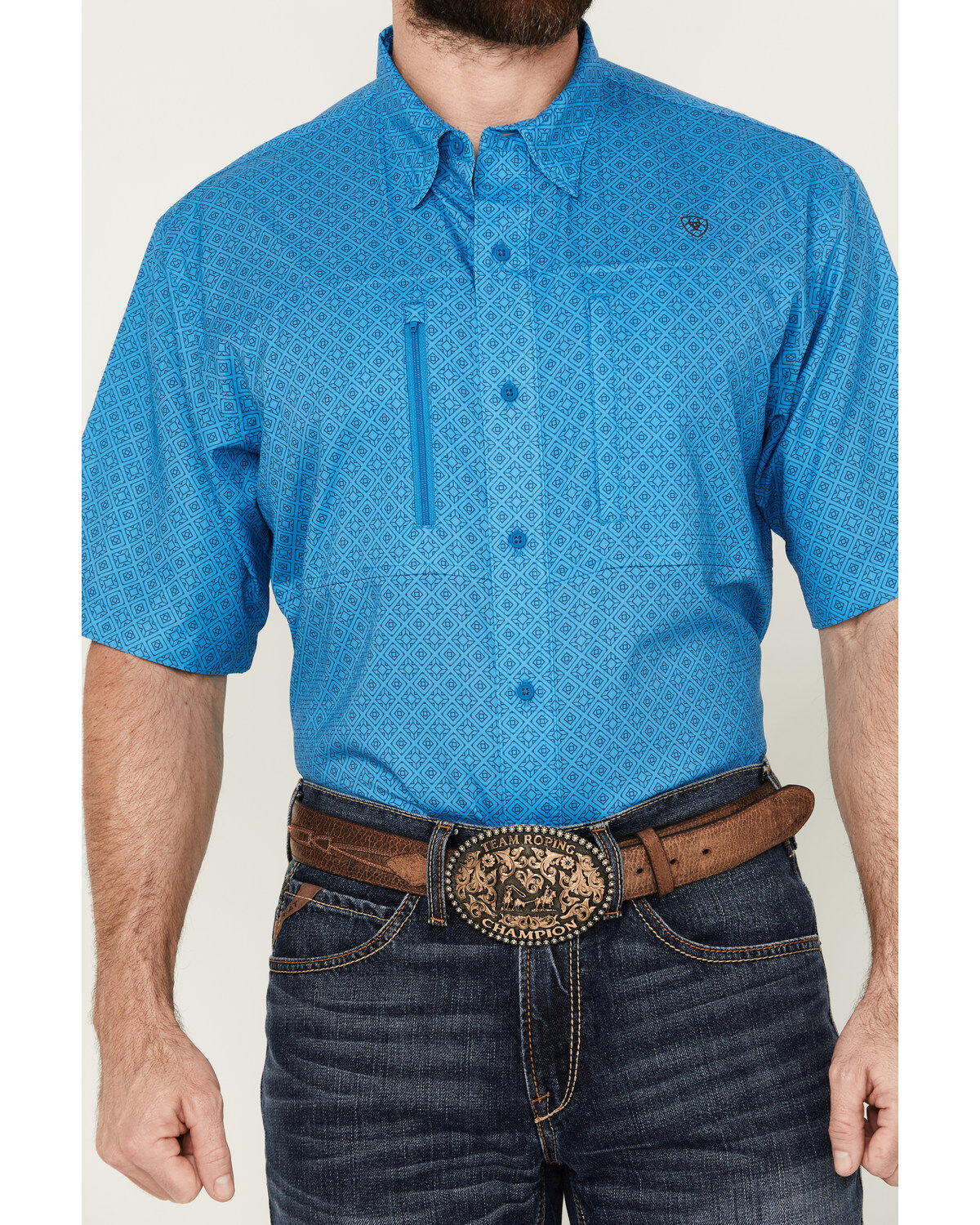 Image #3 - Ariat Men's VentTek Diamond Geo Print Short Sleeve Button-Down Performance Western Shirt - Tall, Blue, hi-res