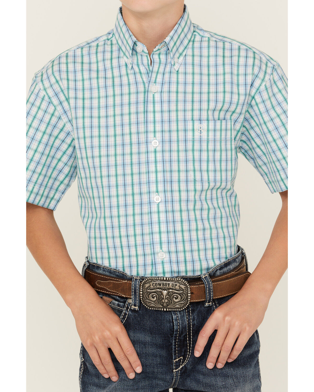 Image #3 - Panhandle Boys' Plaid Print Short Sleeve Button-Down Western Shirt, Aqua, hi-res