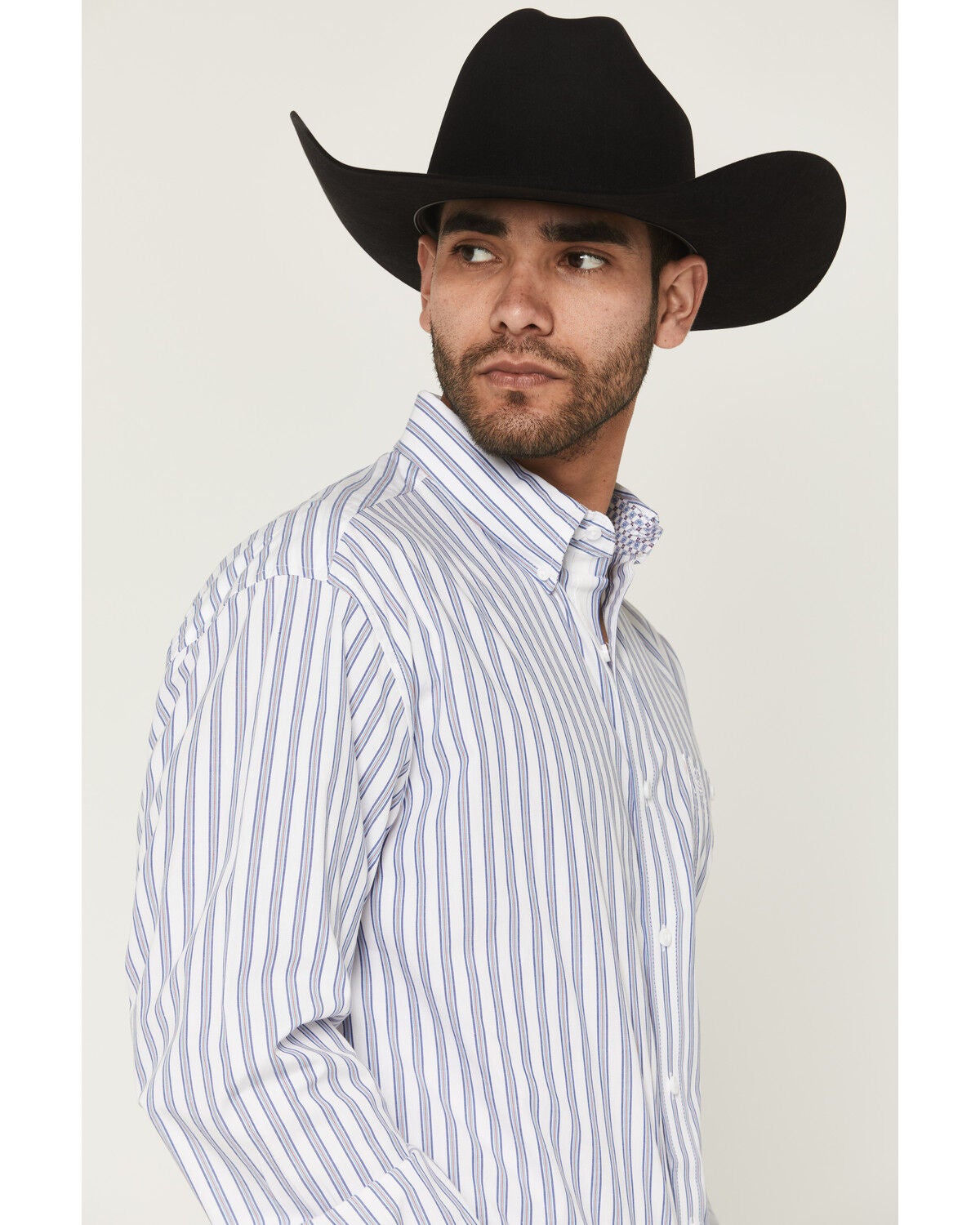 Image #2 - George Strait by Wrangler Stripe Print Long Sleeve Button-Down Stretch Western Shirt, White, hi-res