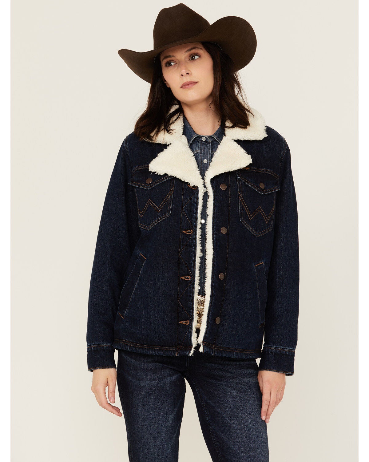 Wrangler Women's Dark Wash Sherpa Lined Denim Jacket, Blue, hi-res