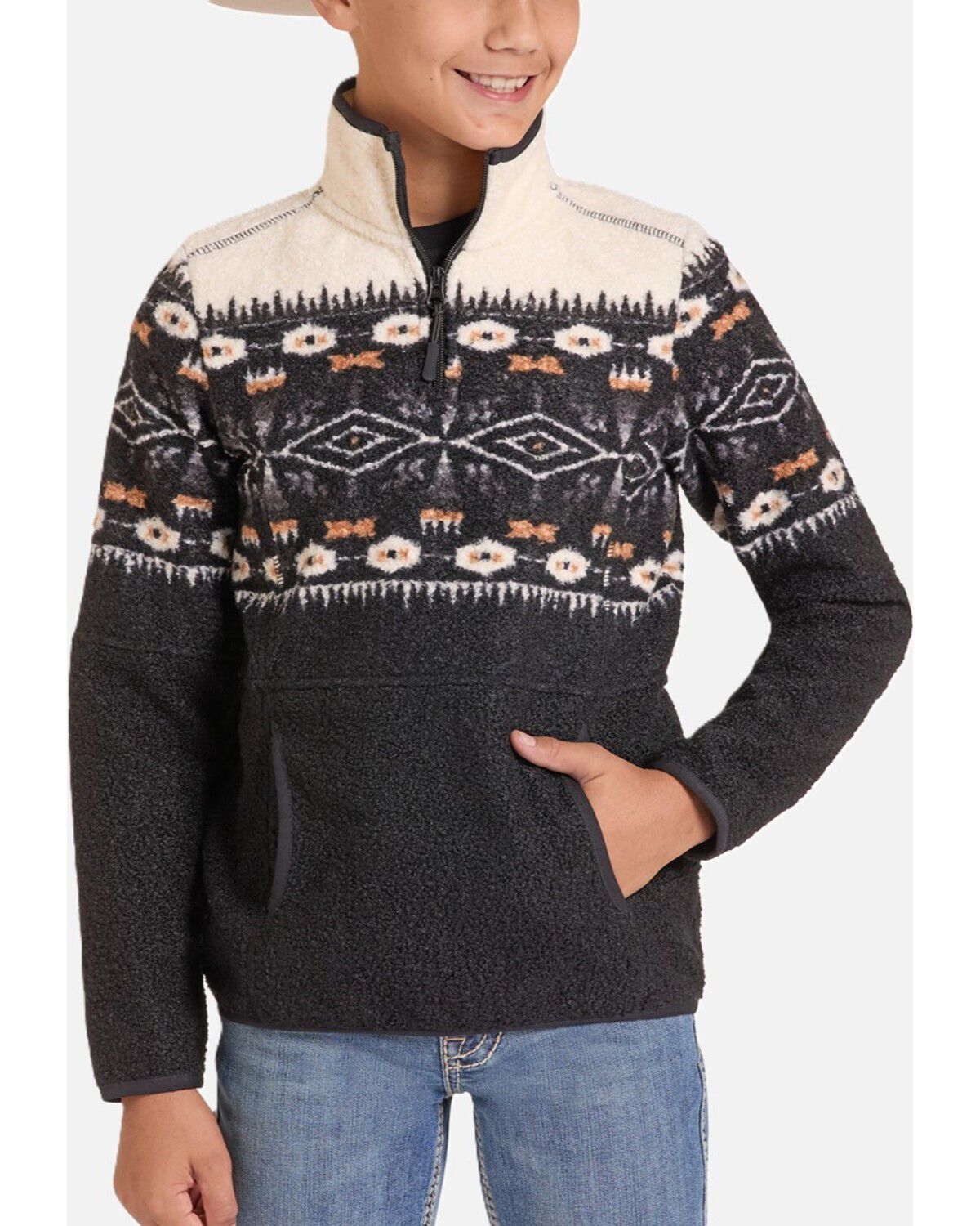Image #1 - Powder River Outfitters Boys' Southwestern Print Berber 1/4 Zip-Up Pullover, Blue, hi-res