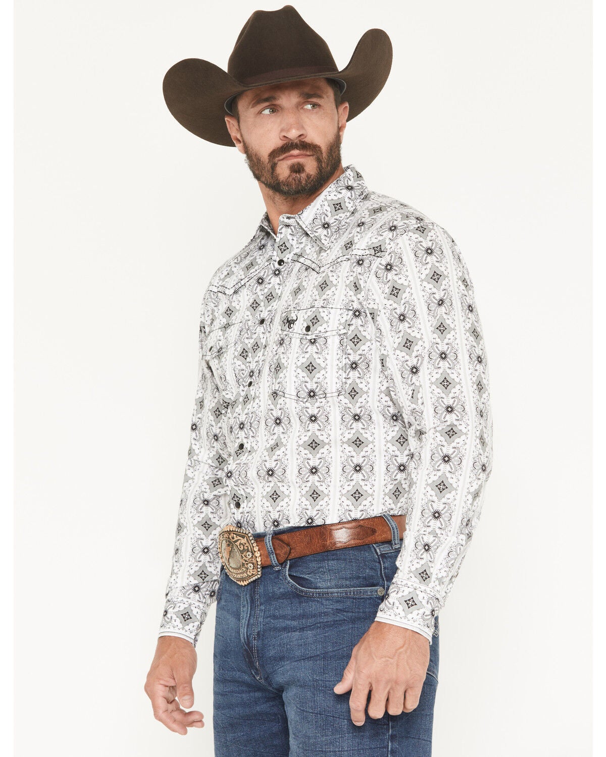 Image #2 - Cowboy Hardware Men's Medallion Print Long Sleeve Snap Stretch Western Shirt, White, hi-res