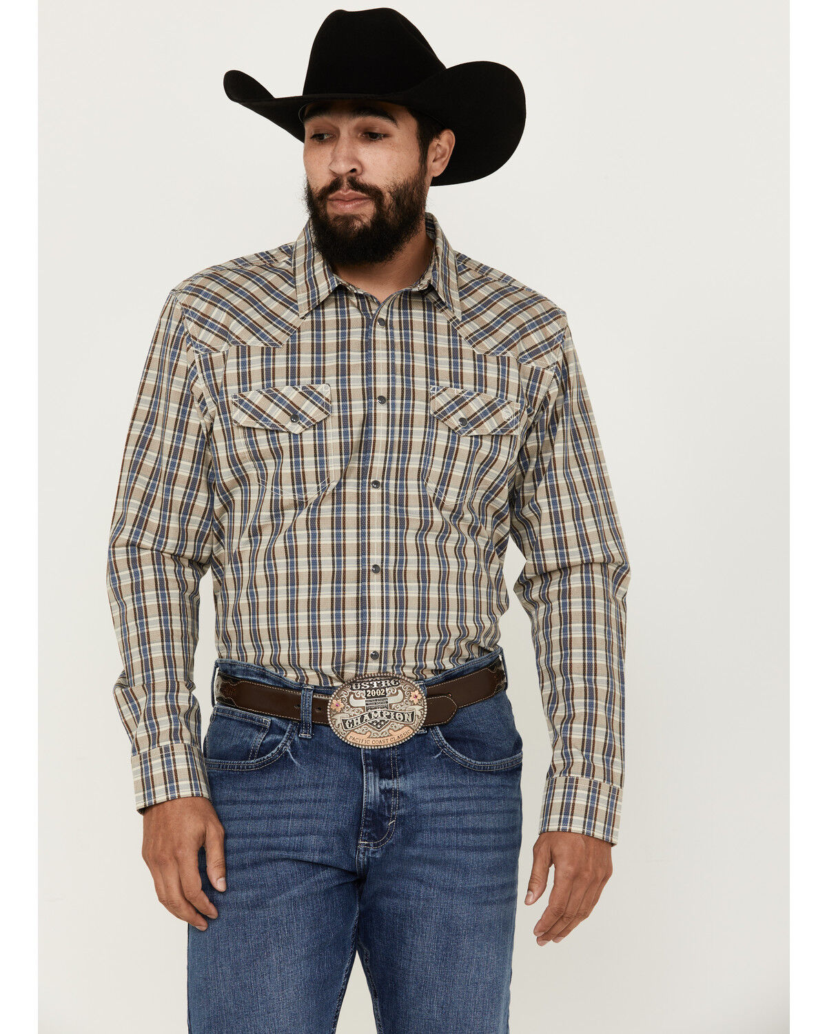 Image #2 - Blue Ranchwear Men's Pradera Plaid Print Long Sleeve Pearl Snap Western Shirt, Indigo, hi-res