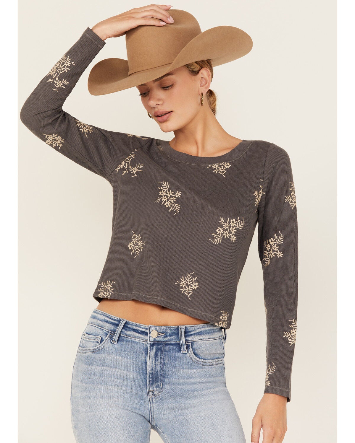 Cleo + Wolf Women's Calvin Floral Embroidered Long Sleeve Thermal Shirt, Charcoal, hi-res