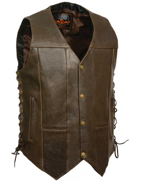 Milwaukee Leather Men's Retro 10 Pocket Side Lace Vest, Brown, hi-res