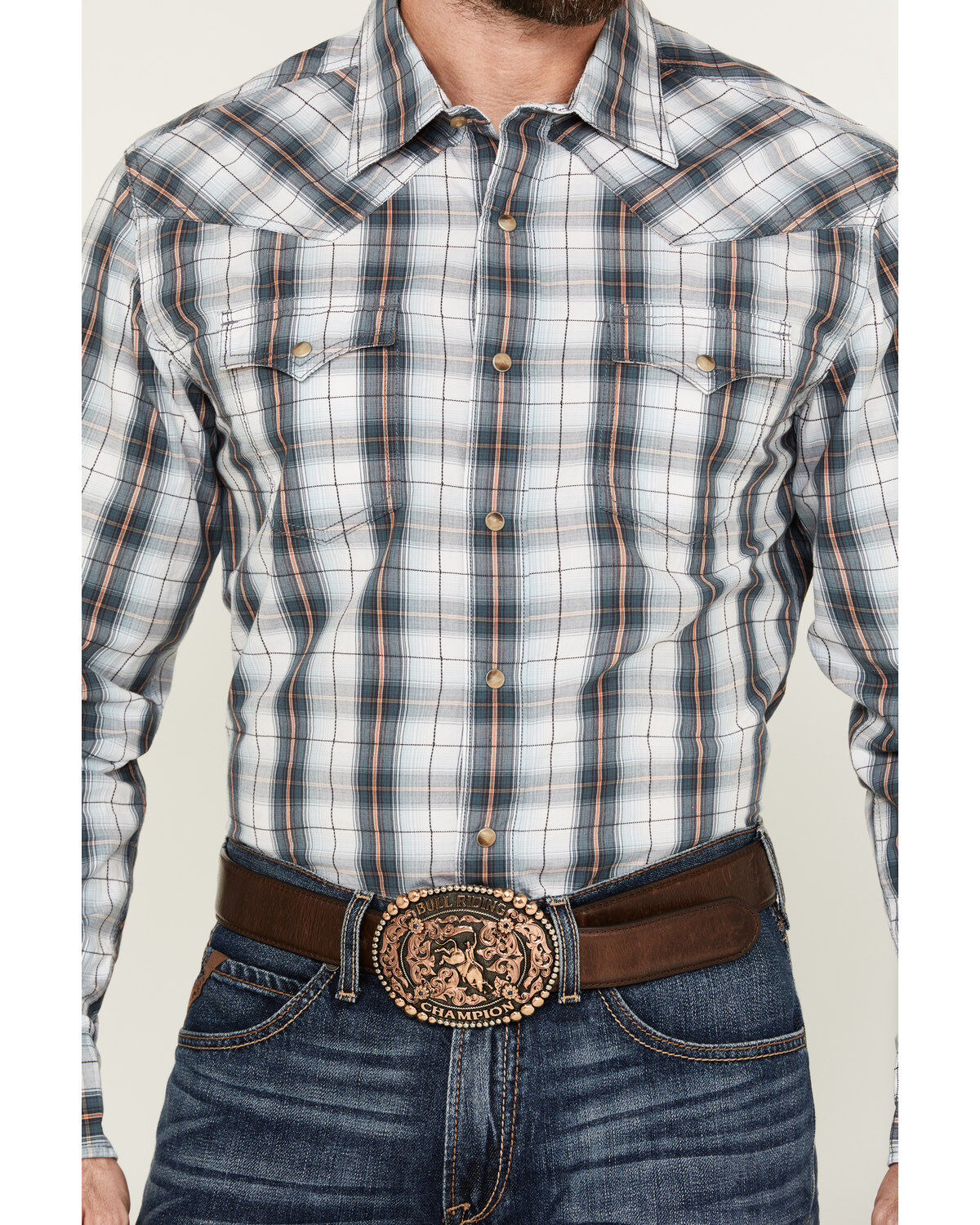 Image #3 - Wrangler Retro Men's Premium Plaid Print Long Sleeve Snap Western Shirt, Blue, hi-res