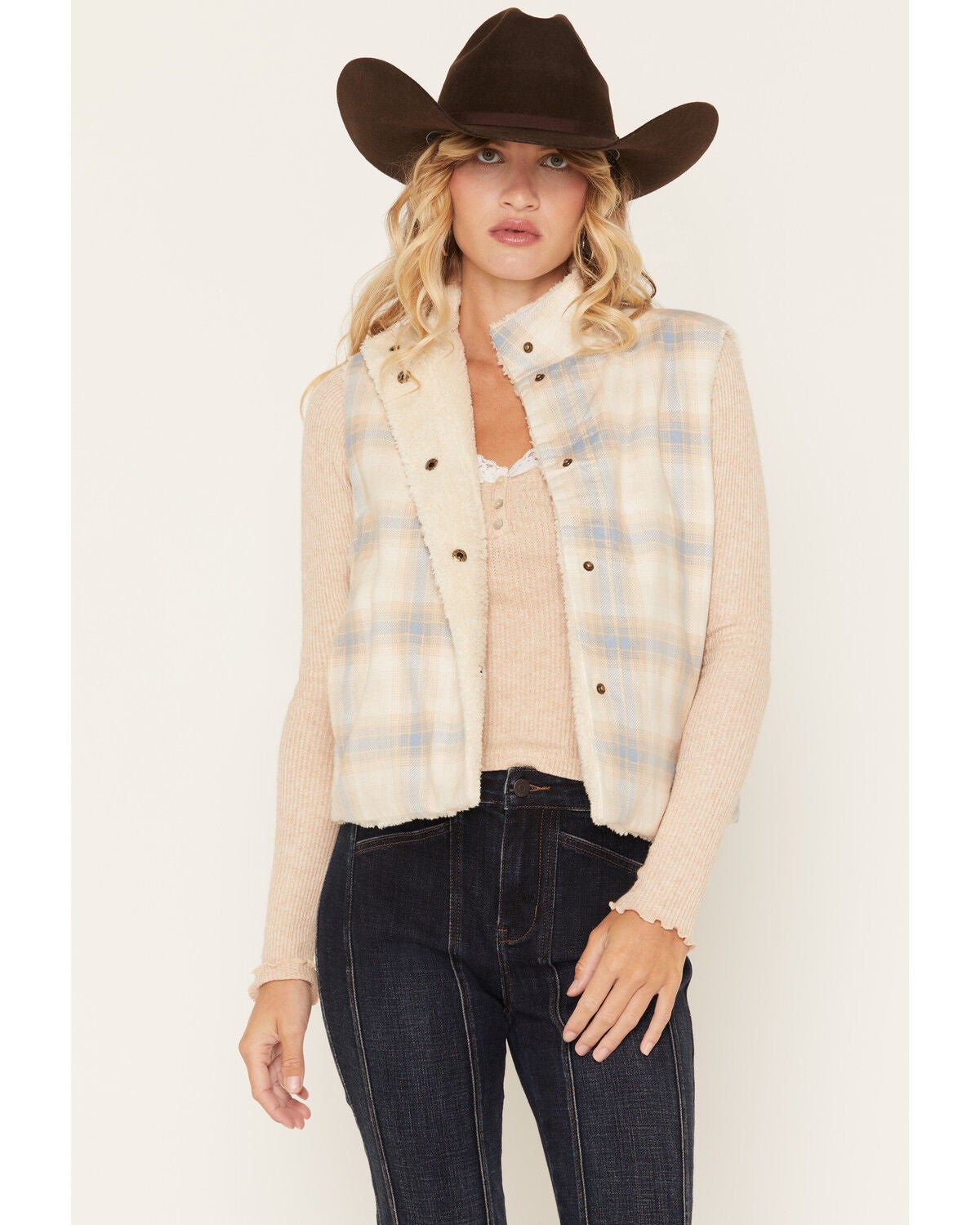 Shyanne Women's Reversible Plaid Vest, Natural, hi-res