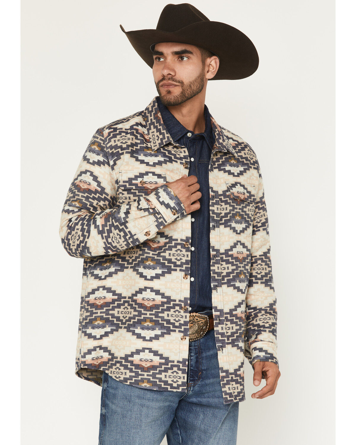 Image #1 - Panhandle Slim Men's Jacquard Southwestern Print Long Sleeve Button-Down Western Shirt, Cream, hi-res