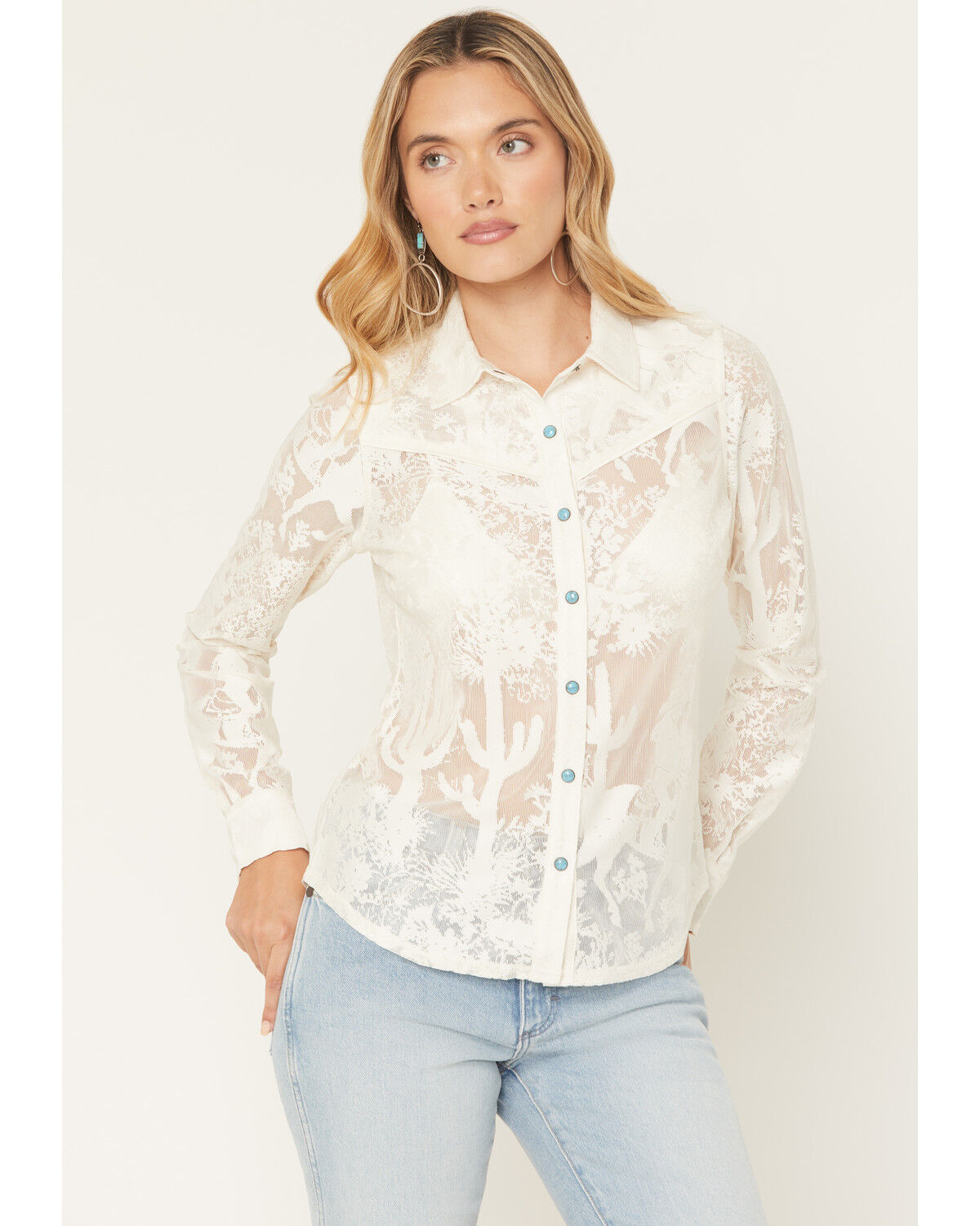 Shyanne Women's Solid Lace Long Sleeve Snap Shirt, Cream, hi-res