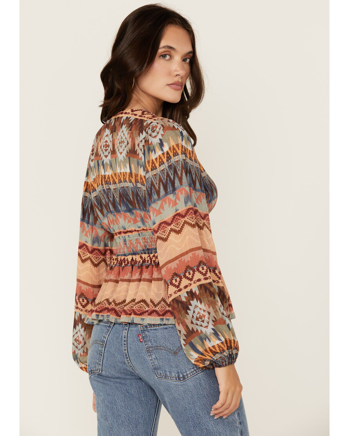 Image #4 - Shyanne Women's Southwestern Print Long Sleeve Crepe Shirt, Navy, hi-res