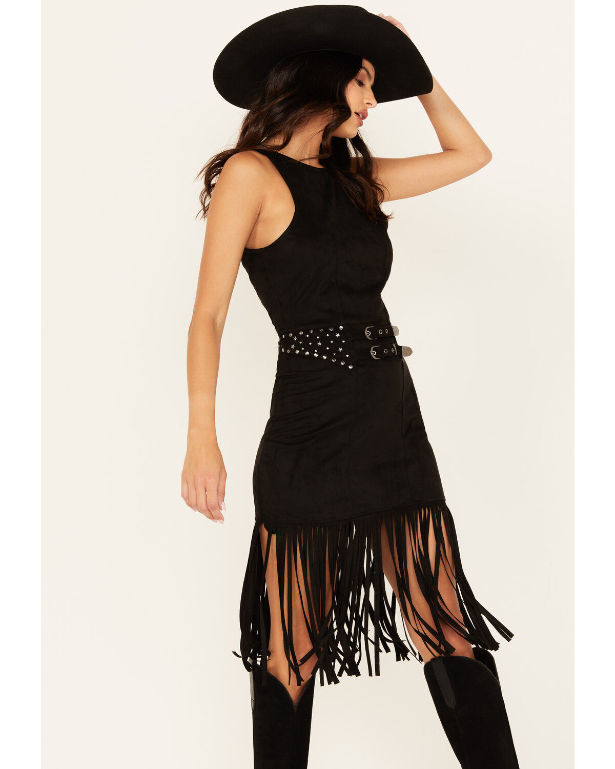 Image #2 - Rock & Roll Denim Women's Faux Suede Fringe Belted Mini Dress, Black, hi-res