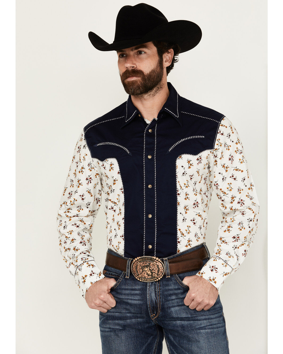 Image #1 - Wrangler Men's Rodeo Ben Color Block Floral Print Long Sleeve Pearl Snap Western Shirt, Multi, hi-res