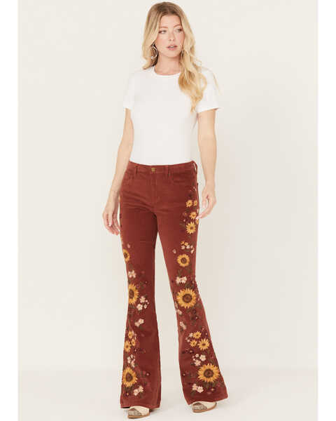 Driftwood Women's Rose High Rise Falling Sunflower Flare Jeans, Rust Copper, hi-res