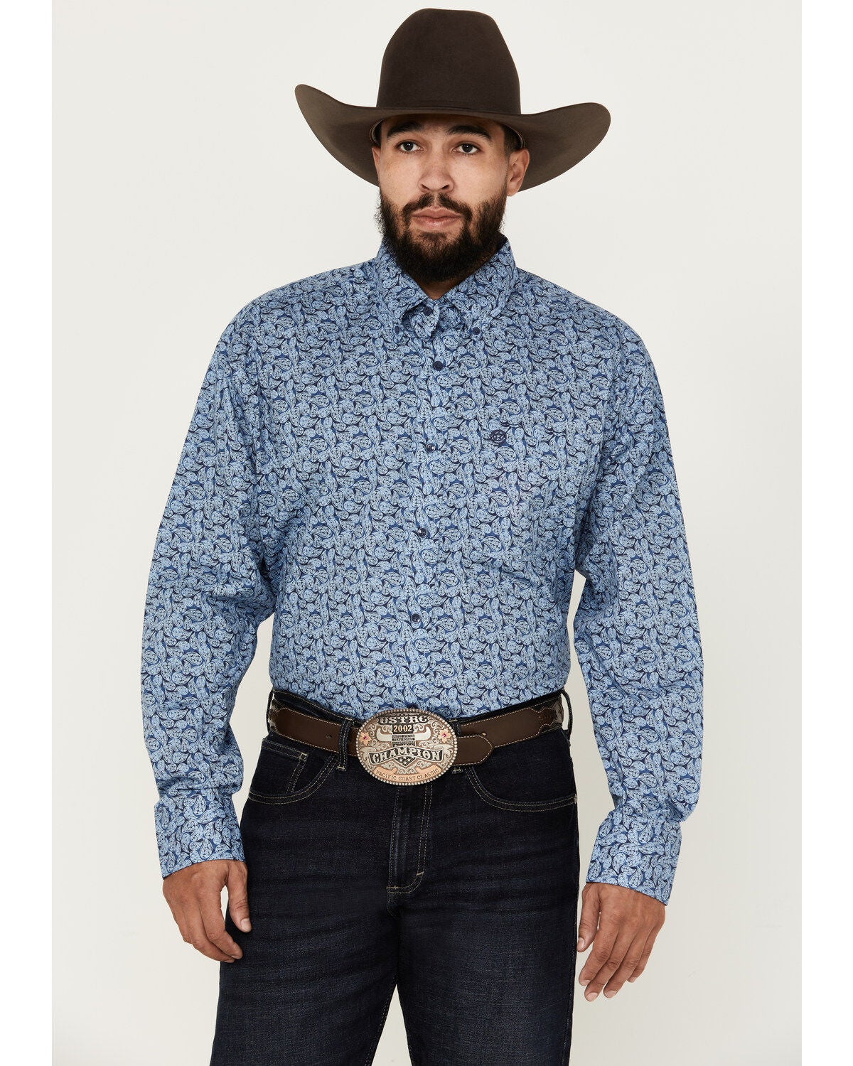 George Strait by Wrangler Men's Paisley Print Long Sleeve Button-Down Western Shirt, Blue, hi-res