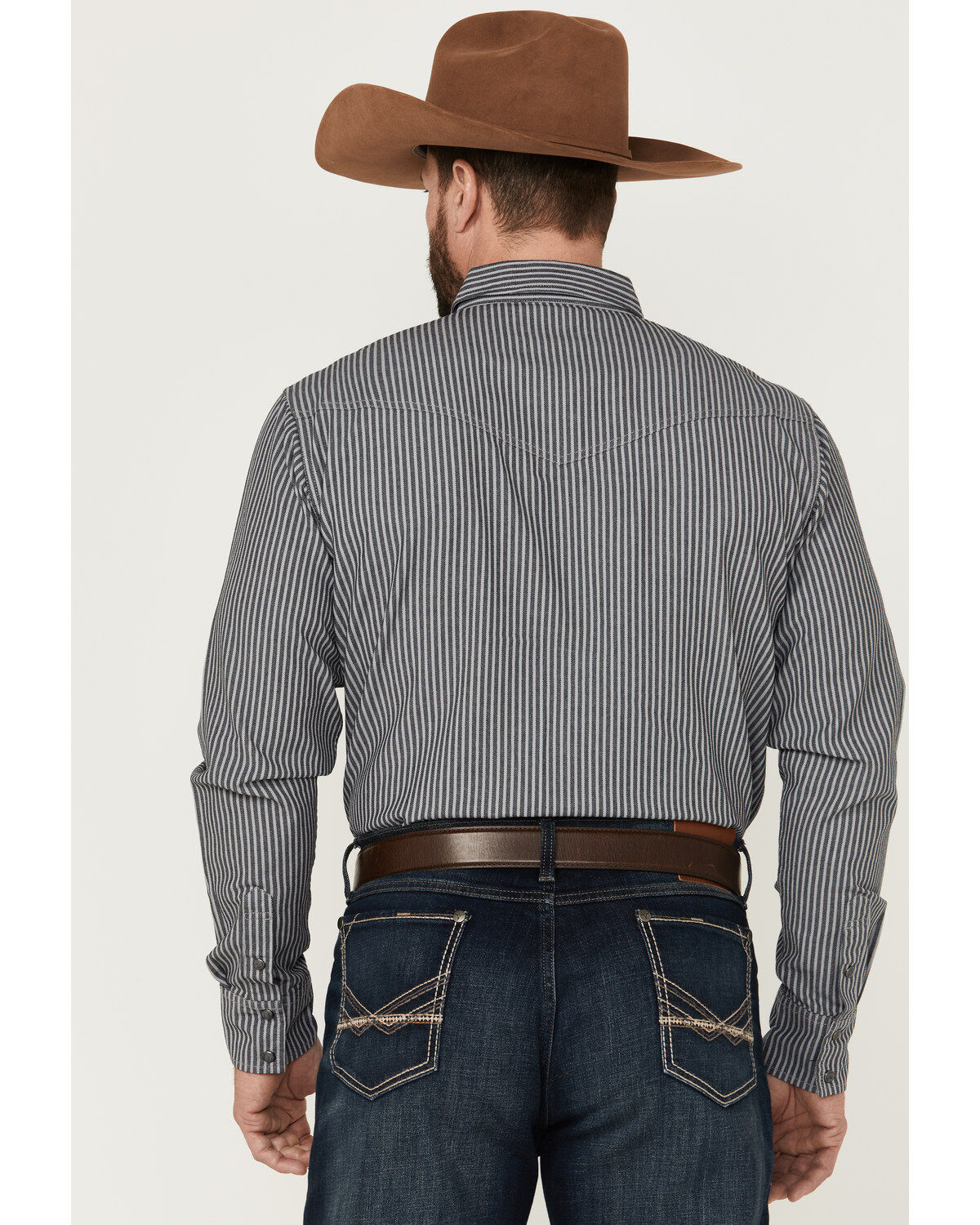 Image #4 - Blue Ranchwear Men's Stripe Washed Long Sleeve Snap Heavy Western Shirt, Light Grey, hi-res