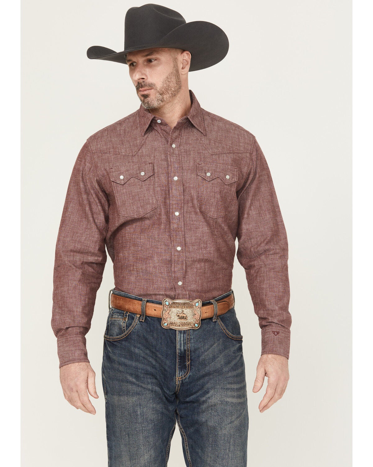 Wrangler X Cody Johnson Men's Textured Solid Long Sleeve Pearl Snap Western Shirt - Tall, Burgundy, hi-res