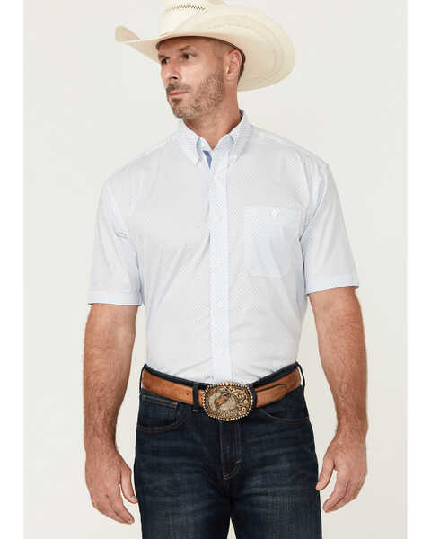 George Strait by Wrangler Men's Geo Print Short Sleeve Button-Down Stretch Western Shirt , White, hi-res