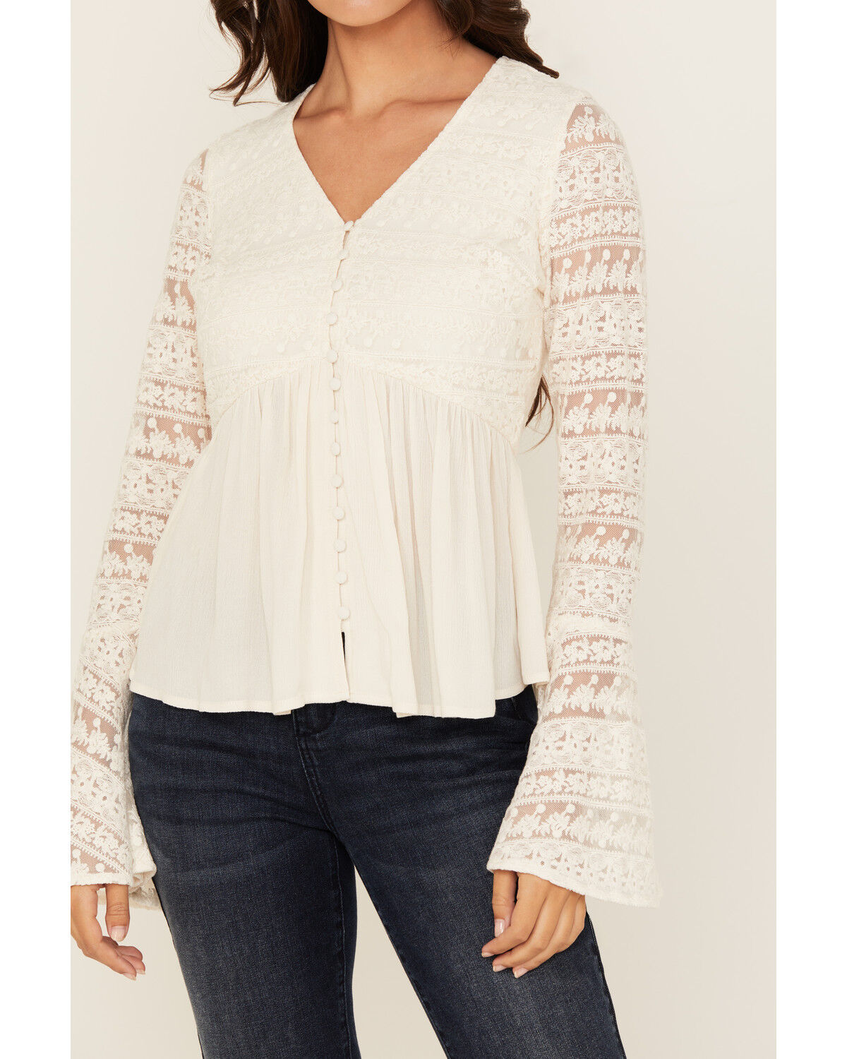 Image #3 - Shyanne Women's Lace Long Sleeve Button-Down Shirt, Off White, hi-res