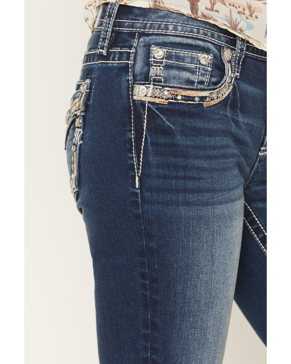 Miss Me Women's Medium Wash Mid Rise Border Pocket 30" Bootcut Stretch Denim Jeans