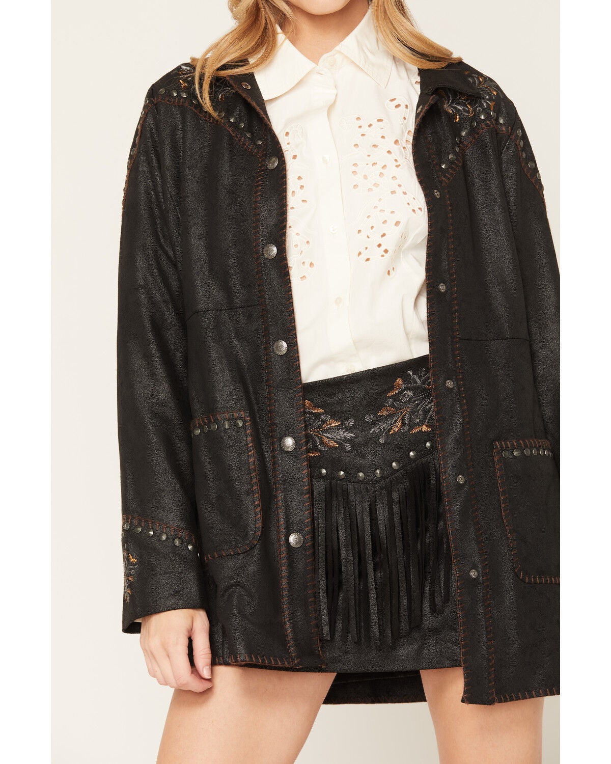 Image #3 - Shyanne Women's Faux Suede Metallic Embroidered Studded Jacket, Black, hi-res