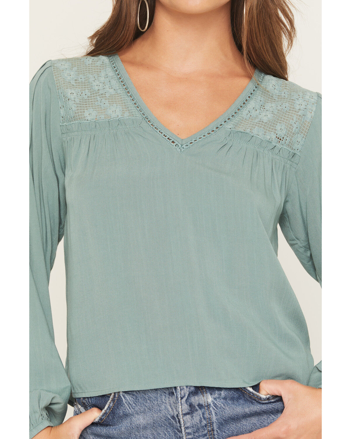 Image #3 - Eyeshadow Women's Long Sleeve Lace Contrast Peasant Top, Sage, hi-res
