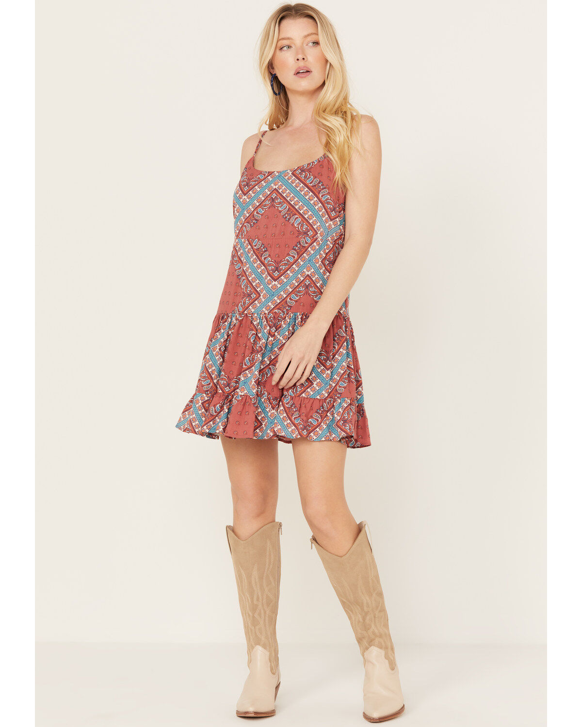 Image #1 - Rock & Roll Denim Women's Bandana Print Tiered Sleeveless Mini Dress, Red, hi-res