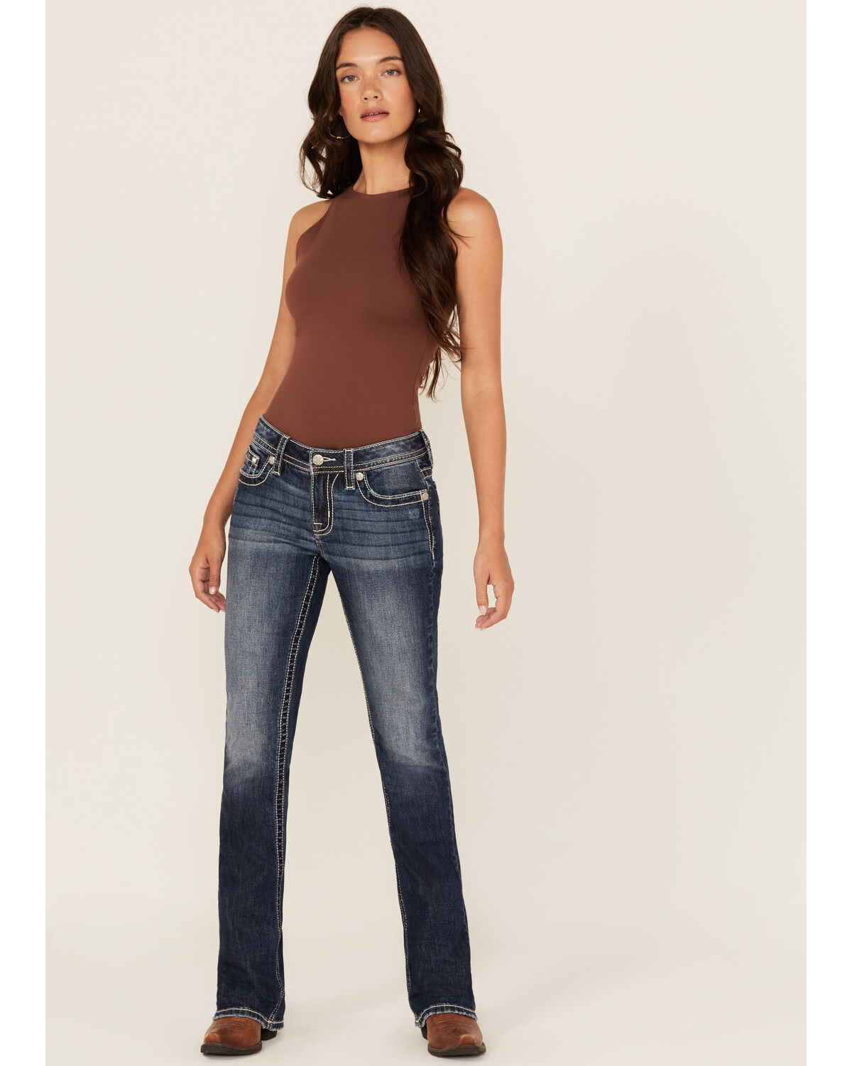 Image #3 - Miss Me Women's Dark Wash Mid Rise Paisley Pocket 32" Bootcut Stretch Denim Jeans, Dark Wash, hi-res