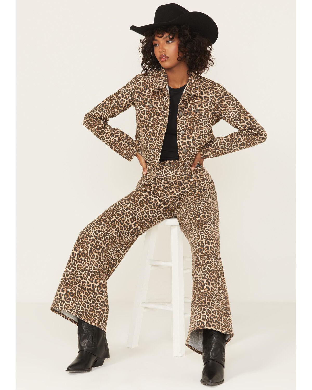 Image #1 - Cello Women's Leopard Print Oversized Cropped Denim Jacket, Leopard, hi-res