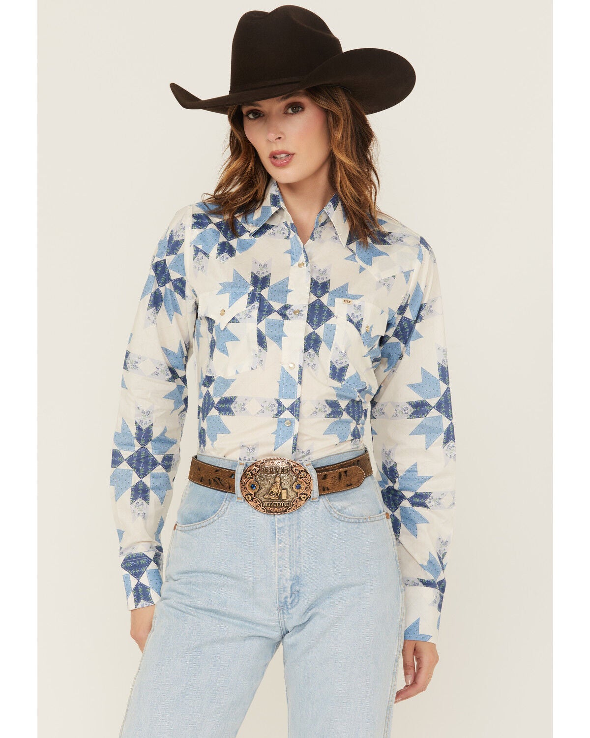Cowboygirl by Jenna Paulette Women's Patchwork Print Long Sleeve Pearl Snap Western Shirt, Blue, hi-res