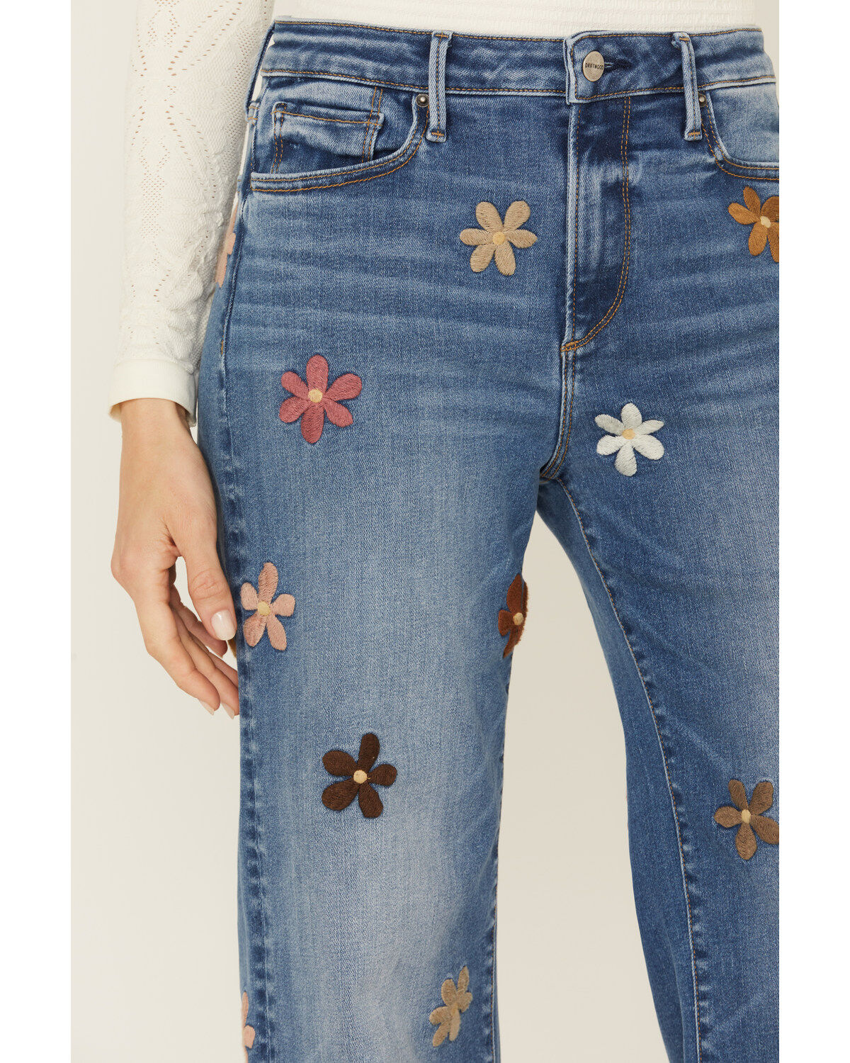 Image #2 - Driftwood Women's Charlee X Doo Wop Medium Wash High Rise Floral Embroidered Straight Stretch Denim Jeans, Medium Wash, hi-res