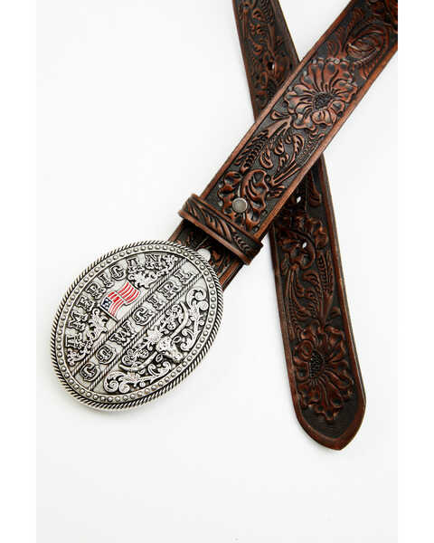 Shyanne Women's American Cowgirl Floral Tooled Buckle Belt, Brown, hi-res