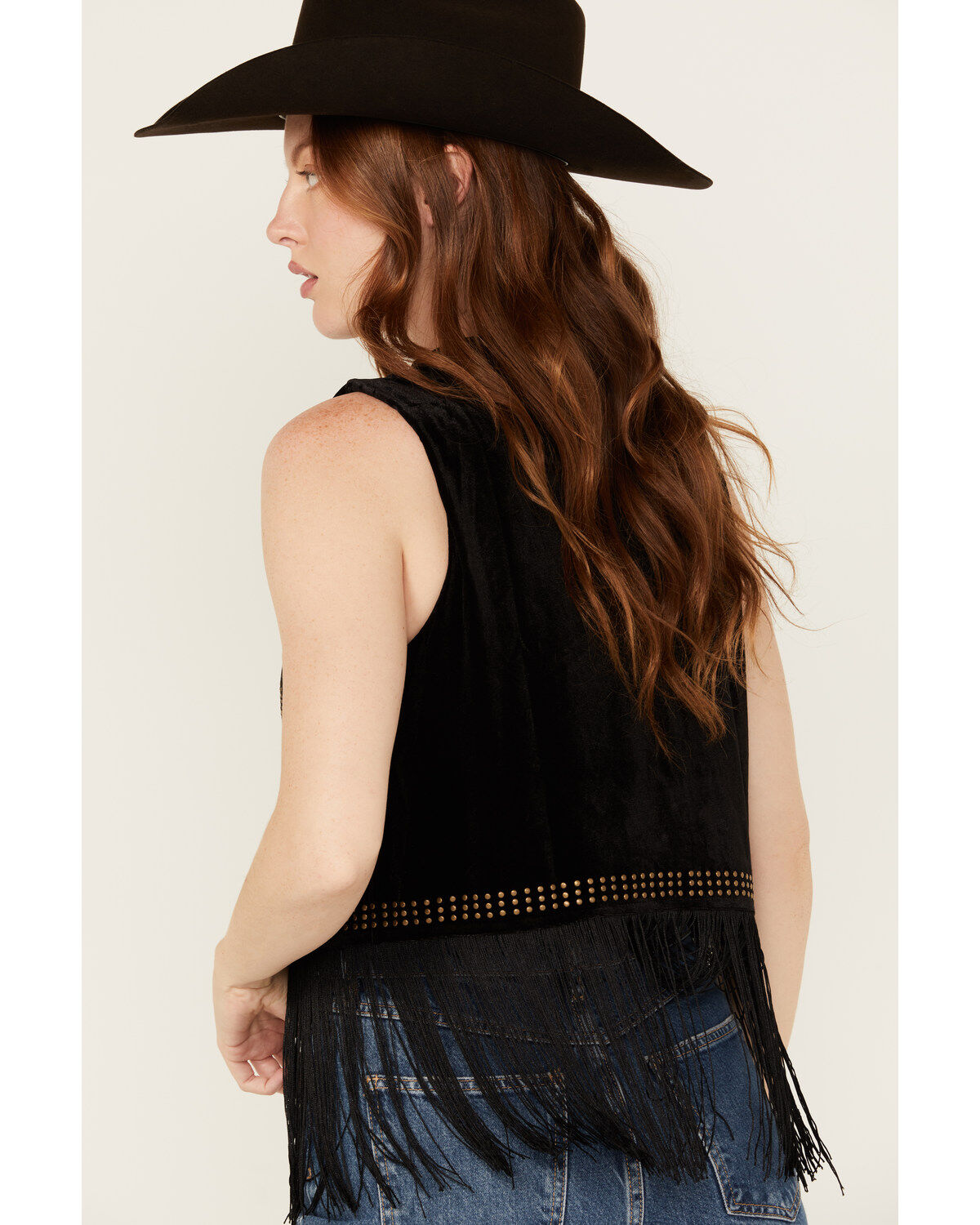 Image #4 - Vocal Women's Studded Faux Suede Fringe Vest, Black, hi-res
