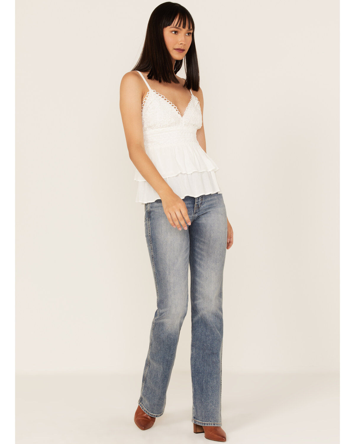 Image #2 - Tempted Women's Crochet Ruffle Crop Cami Top, White, hi-res