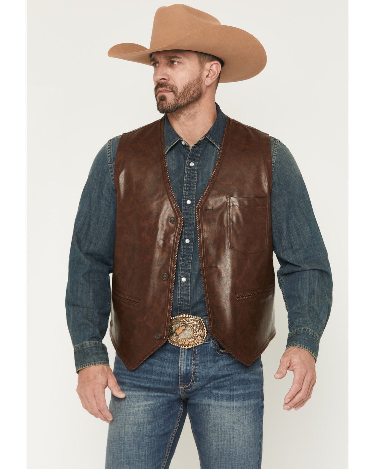 Image #1 - Cody James Men's Hogan Faux Leather Braided Hem Vest, Brown, hi-res