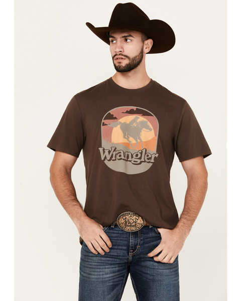 Wrangler Men's Boot Barn Exclusive Cowboy Scenic Logo Short Sleeve Graphic Print , Chocolate, hi-res