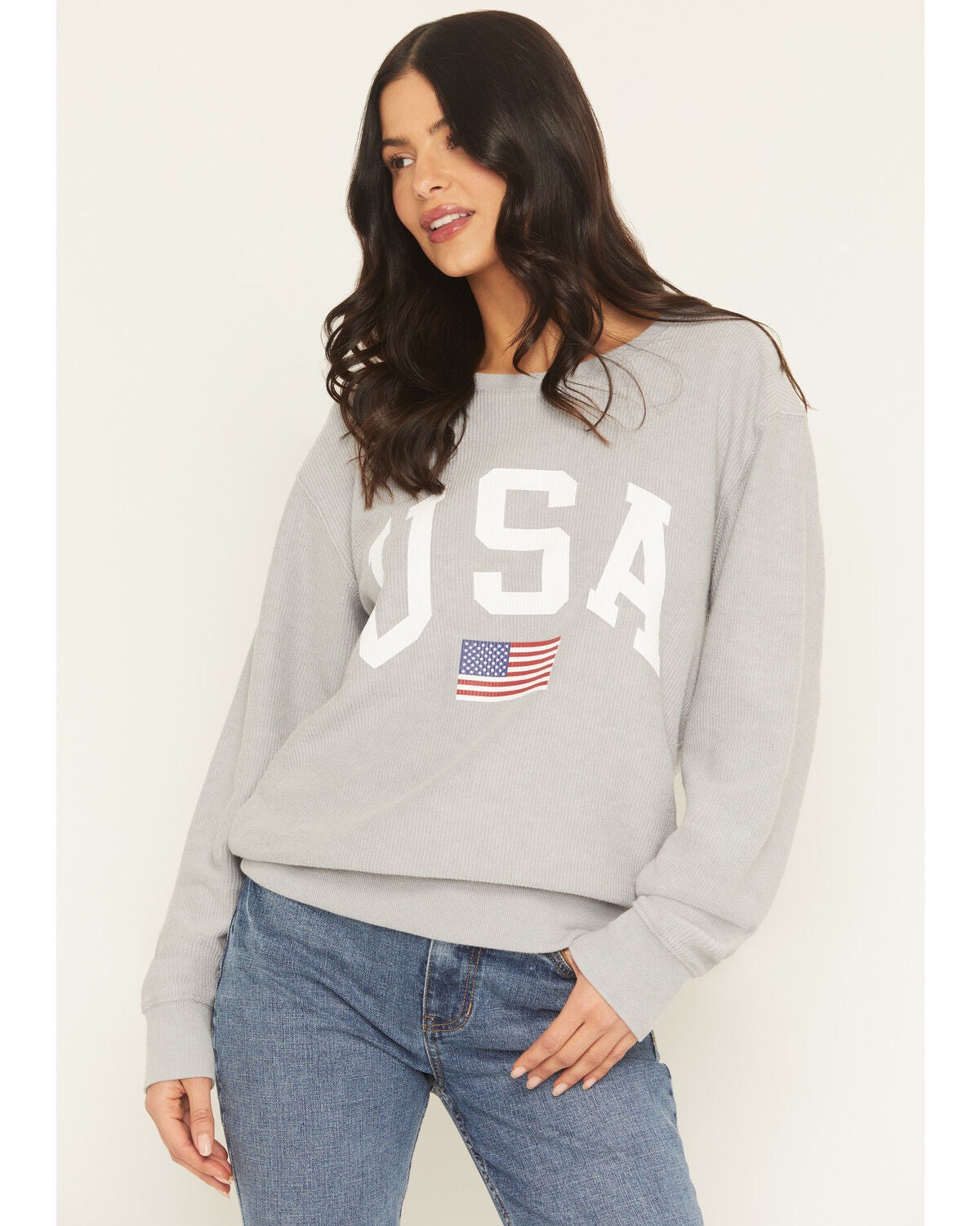 Blended Women's USA Flag Crewneck Sweater, Grey, hi-res
