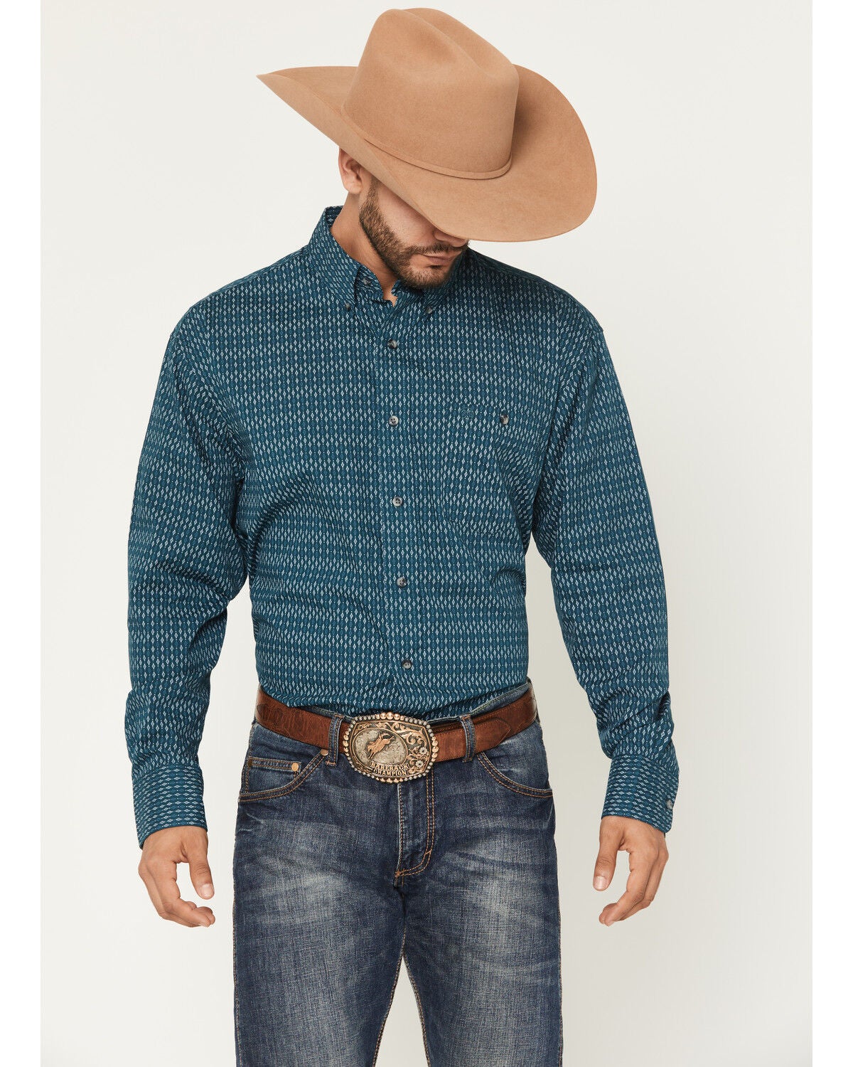 Wrangler Men's Geo Print Long Sleeve Button-Down Stretch Western Shirt, Blue, hi-res
