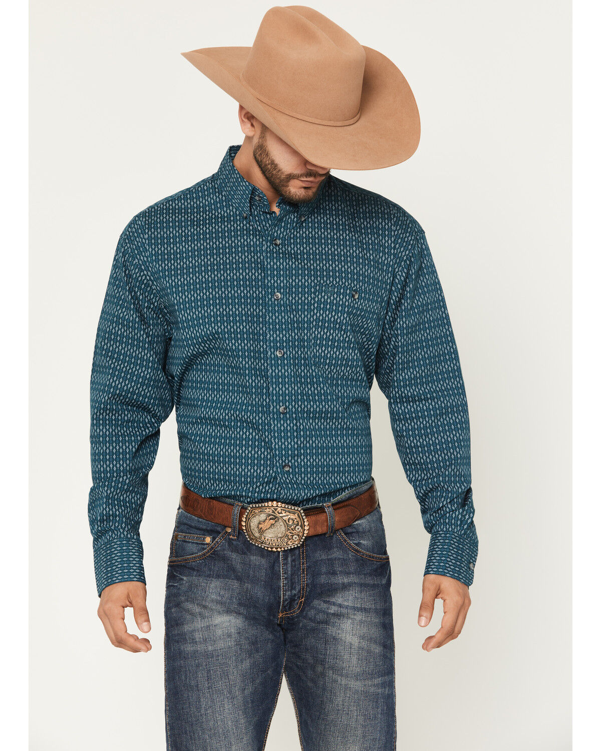 Image #1 - Wrangler Men's Geo Print Long Sleeve Button-Down Stretch Western Shirt, Blue, hi-res