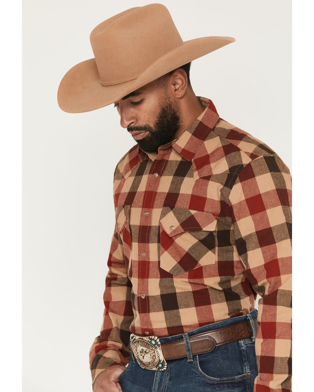 Image #2 - Pendleton Men's Boot Barn Exclusive Wyatt Plaid Print Long Sleeve Snap Western Shirt, Tan, hi-res