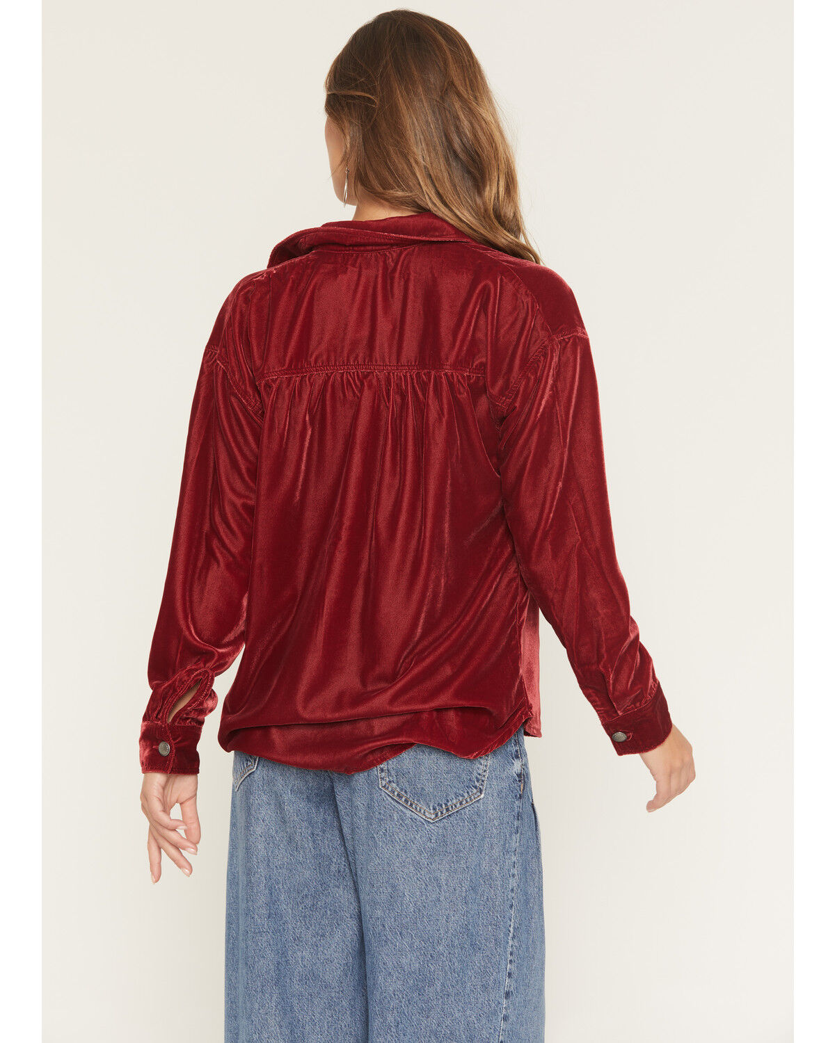 Image #4 - Rock & Roll Denim Women's Boot Barn Exclusive Oversized Velvet Long Sleeve Concho Button-Down Shirt, Burgundy, hi-res