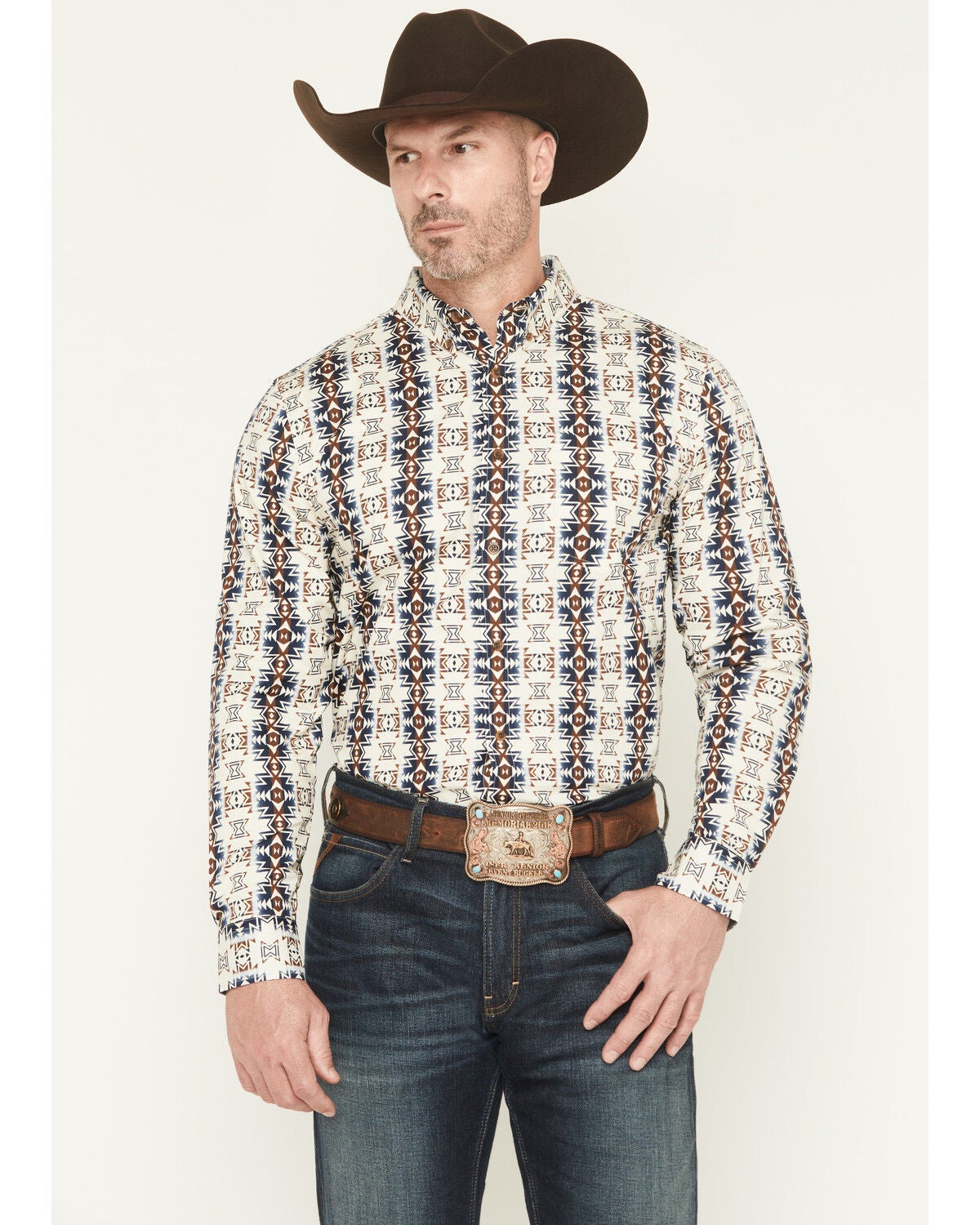 Cody James Men's Wild Prairie Southwestern Print Long Sleeve Button-Down Stretch Western Shirt - Tall, Tan, hi-res