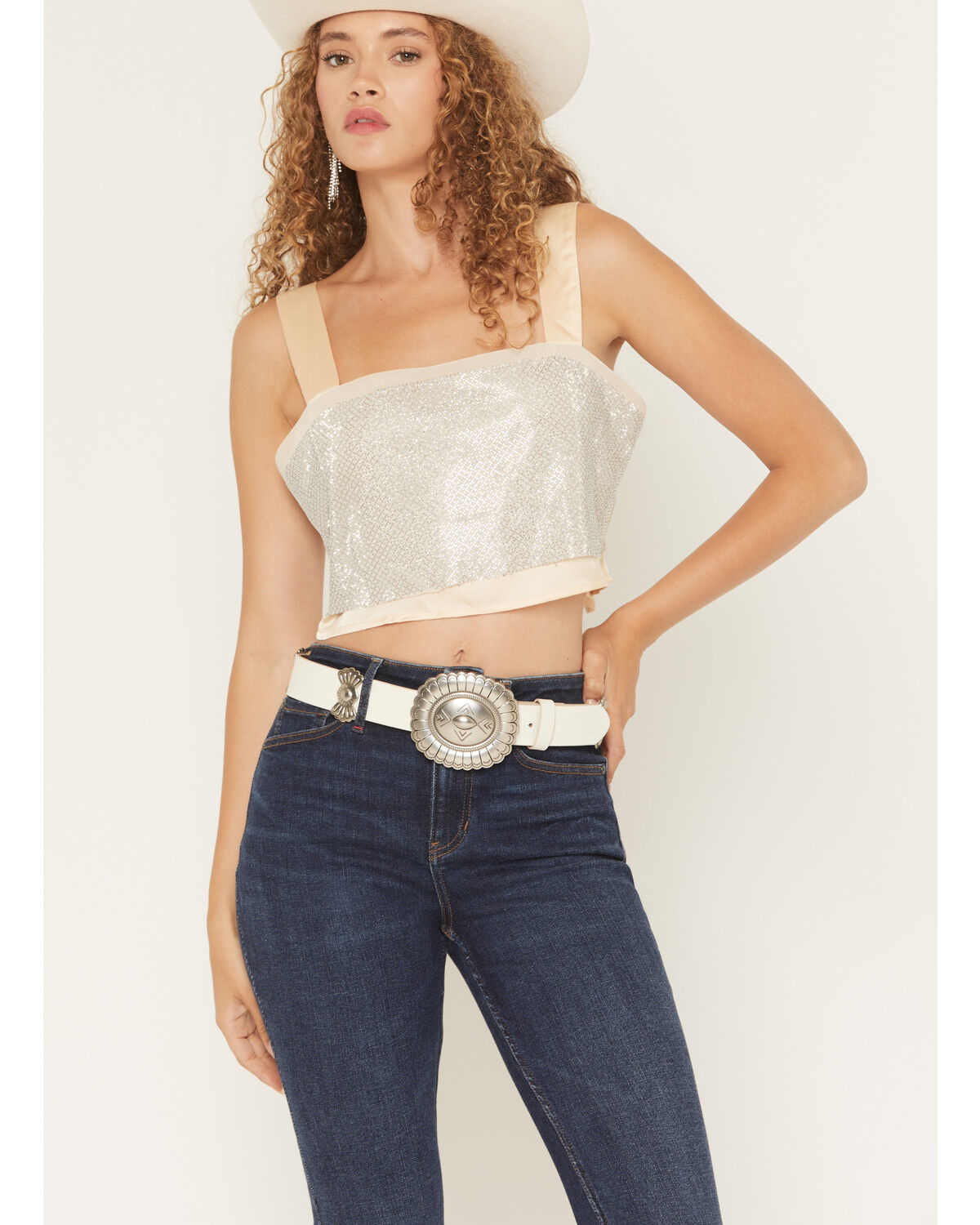 Image #1 - Blue B Women's Satin Crystal Embellished Top, Cream, hi-res