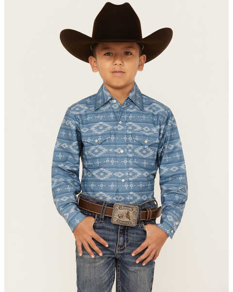 Ely Walker Boys' Southwestern Stripe Long Sleeve Pearl Snap Western Shirt, Blue, hi-res