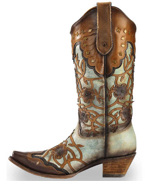 Image #3 - Corral Women's Floral Overlay and Studs Snip Toe Western Boots, Brown, hi-res